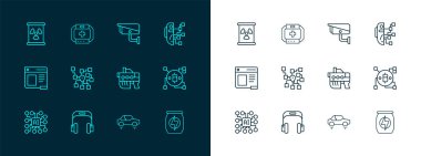 İnsanımsı robot, kulaklıklar, fütüristik silah, fantastik uçan araba, sinirsel ağ, güvenlik kamerası, radyoaktif atık varili ve ilk yardım çantası ikonu. Vektör