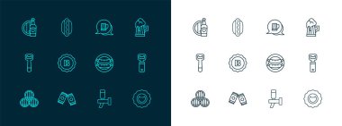 Ahşap bira kupası, bira kutusu, sosis, musluk, şişe kapağı, şişe ve ahşap fıçı ve Hotdog sandviç ikonu. Vektör