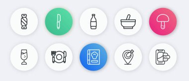 Yemek kitabı, mantar, şarap kadehi, tavuk budu, havan topu, şarap şişesi, yemek siparişi, çatal bıçak ikonu. Vektör