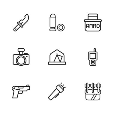 El feneri, telsiz, oklu Quiver, turist çadırı, cephane kutusu, avcı bıçağı, kurşun ve fotoğraf makinesi ikonu. Vektör