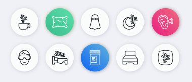 Uyku hapı, kulak tıkaçları, göz maskesi, büyük yatak, ay yıldızları, Hayalet, Uykucu ve Zaman ikonuna ayarlayın. Vektör