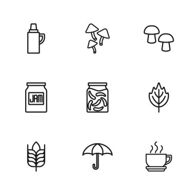 Şemsiye, Yaprak, Kahve fincanı kavanozda salatalık turşusu, mantar, termos kabı ve reçel ikonu. Vektör
