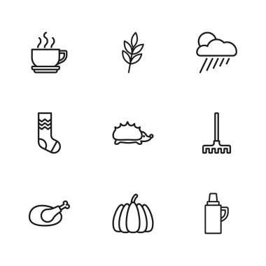 Balkabağı, bahçe tırmığı, termos kabı, kirpi, yağmurlu ve güneşli bulut, kahve fincanı, Yaprak ve Çorap ikonu. Vektör