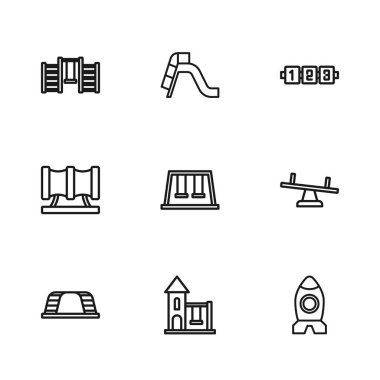 Çocuklar, tahterevalli, roket gemi oyuncağı, salıncaklar, eğitim mantığı oyunu, İsveç duvarı, kayak parkı ve çocuk kaydırak borusu ikonu için set çizgisi. Vektör