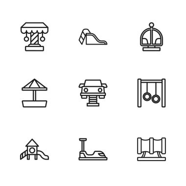 Çizgi çarpışma arabası, jimnastik yüzükleri, Kid oyun alanı kaydırak borusu, salıncak, atlıkarınca, kum ikonlu kaydırak ve kum havuzu. Vektör