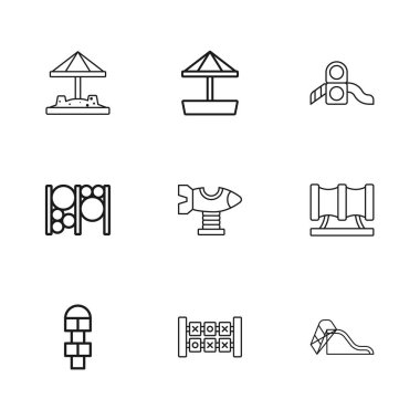 Çizgi Eğitim Mantık Oyunu, Kid oyun alanı kaydırak borusu, Kaydırak, Swing uçağı, Kumlu Kum havuzu ve tırmanma ekipmanları ikonu. Vektör