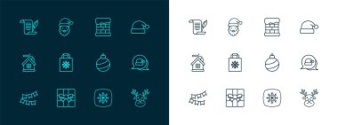 Noel Baba şapkası, hediye kutusu, top, kar tanesi, alışveriş çantası, baca, zarf ve sakal ikonu. Vektör