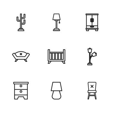 Masa lambası, döşeme, sandalye, bebek karyolası beşik yatak, gardırop, vestiyer ve kanepe ikonu. Vektör