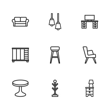 Kürsü standı, Kol Koltuğu, lambalı mobilya sehpası, sandalye, ofis masası, kanepe, lamba asılı ve gardırop ikonu. Vektör