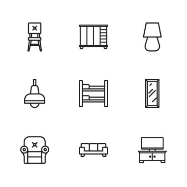 Set koltuğu, büyük boy ayna, TV masası standı, ranza lambası, sandalye, gardırop ve lamba asılı ikonu. Vektör