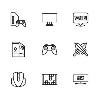 Satır Portable video oyun konsolu, Kılıç for, Bilgisayar monitörü, Oyun kumandası joystick, Madalya, with, and Case of bilgisayar simgesi. Vektör