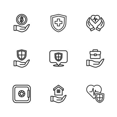 House 'u ele geçirin, el çantası, kalkanlı hayat sigortası, konum, para ve kalkanların simgesi. Vektör