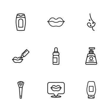 Gülümseyen dudaklar, krem ya da losyon kozmetik tüpü, şampuan şişesi, gerekli yağ şişesi, sivilce ve dudak büyütme ikonu. Vektör