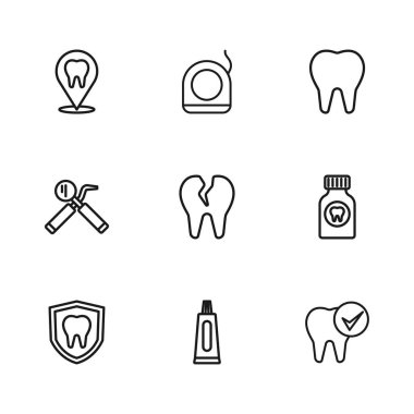 Diş macunu tüpü, diş ağrısı kesici tablet, kırık diş sağlığı kliniği konumu, diş ipi, ayna ve prob ikonu ayarlayın. Vektör