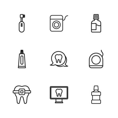 Online diş bakımı, diş ipi, ağız gargargarası, diş fırçası, elektrikli diş fırçası ve tüp diş macunu ikonu. Vektör