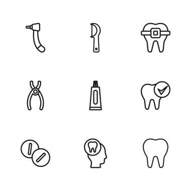 Diş ağrısı, diş macunu tüpü diş teli, matkap, diş ipi ve pense ikonu. Vektör