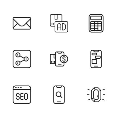 Hat büyüteç ve cep telefonu, mobil 24 saat destek, Diamond, dolar, hesap makinesi, e-posta, reklam ve paylaşım simgesi. Vektör