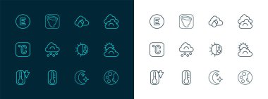 Hat Cloud, Termometre, Gece Döngüsü, Ay ve yıldızlar, dolu bulutu, yağmur, pusula batı ve tornado ikonu. Vektör