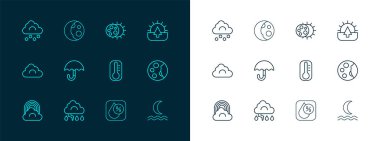 Gün Doğumu, Bulut ve Şimşek, Termometre, Su Düşürme yüzdesi, Şemsiye, Güneş tutulması, Dolu Bulutu ve Ay evreleri simgesi. Vektör