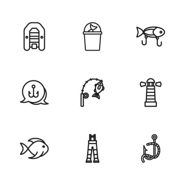 Balıkçı pantolonu, deniz feneri, olta ve solucan, olta balığı, yem, motor, kova ve ikonlu şişme tekne. Vektör