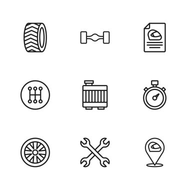 Hat anahtarı, Kronometre, yarış kaskı, araba radyatörü soğutma sistemi, tekerlek, Chassis arabası ve vites kutusu ikonu. Vektör