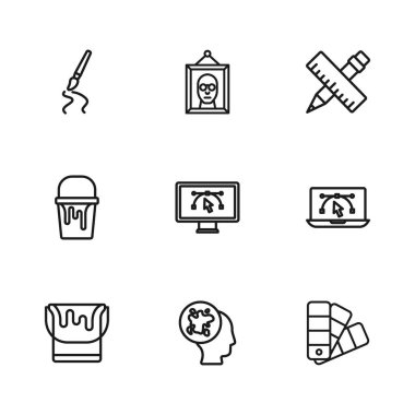 Çizgi boyası spreyi, tasarım programlı bilgisayar, renk palet rehberi çapraz cetvel ve kalem, fırça, resim ve kova ikonu. Vektör