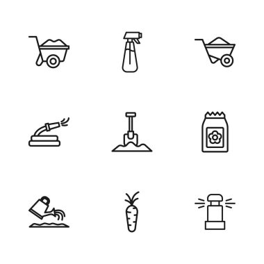 Çizgi havuç, tohum dolu paket otomatik sulama fıskiyeleri, kürek, el arabası, su ve hortum ikonu için bahçe spreyi. Vektör