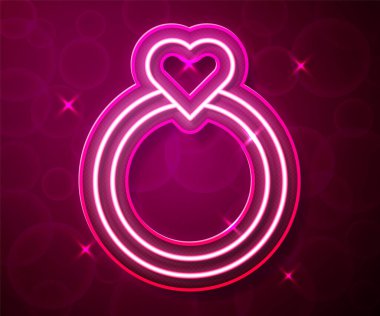 Parlayan neon çizgisi elmas nişan yüzüğü ikonu kırmızı arkaplanda izole edildi. Vektör