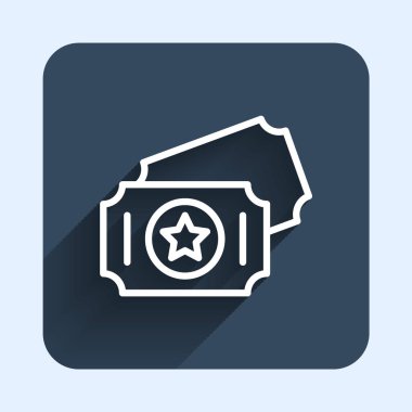 Beyaz çizgi sirk bileti ikonu uzun gölgeli. Eğlence parkı. Mavi kare düğme. Vektör