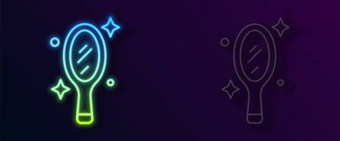 Parlayan neon hattı sihirli el aynası ikonu siyah arkaplanda izole edildi. Vektör