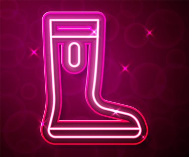 Parlayan neon hattı su geçirmez lastik bot simgesi kırmızı arkaplanda izole edildi. Yağmurlu hava, balıkçılık, bahçe işleri için çizme. Vektör