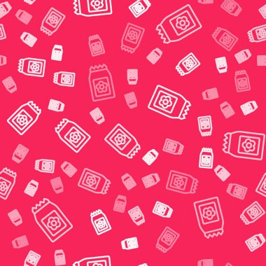 Belirli bir bitki simgesinin tohumlarıyla dolu beyaz çizgi paketi kırmızı zeminde izole edilmiş pürüzsüz desen. Vektör