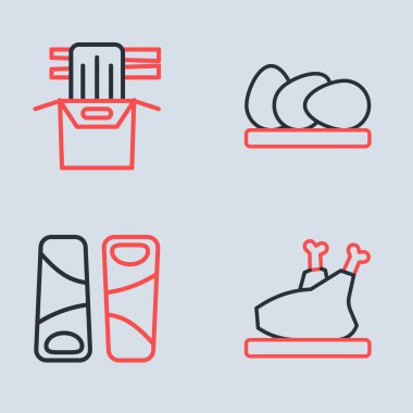 Tavuk yumurtası, Guotie, kızarmış hindi ya da tavuk ve karton kutuda Asya eriştesi. Vektör