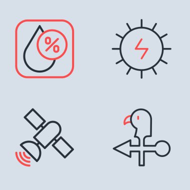 Güneş enerjisi paneli, uydu, horoz rüzgar gülü ve su damlası ikonu ayarlayın. Vektör