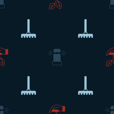 Yaprağı eline al, otomatik sulama fıskiyeleri ve bahçe tırmığı kusursuz desen üzerinde. Vektör