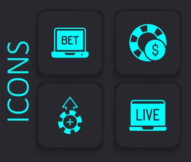 Online poker masası oyunu, spor bahisleri, kumarhane fişleri ve ikonu. Siyah kare düğme. Vektör