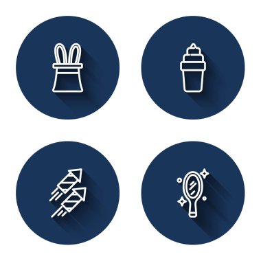 Sihirbaz şapkası ve tavşan kulakları, waffle 'da dondurma, havai fişek roketi ve uzun gölgeli el aynası. Mavi daire düğmesi. Vektör