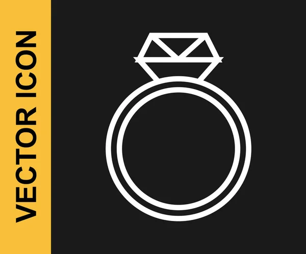 Weiße Linie Diamant Verlobungsring Symbol Isoliert Auf Schwarzem Hintergrund Vektor — Stockvektor