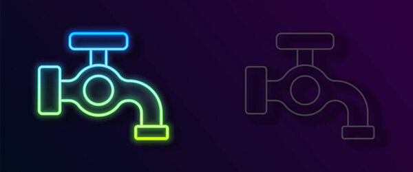 Glowing neon line Water tap icon isolated on black background.  Vector