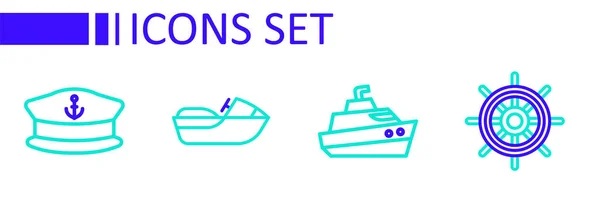 Установить Линию Корабельное Рулевое Колесо Катер Водные Лыжи Значок Капитана — стоковый вектор
