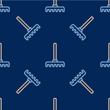 Çizgi Bahçesi tırmık simgesi mavi arka planda izole edilmiş kusursuz desen. Bahçecilik, tarım, çiftçilik aleti. Toprak işçisi. Temizlik ekipmanları. Vektör