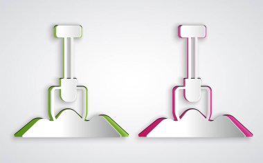 Kağıt kesiği, gri arkaplanda izole edilmiş Kürek simgesi. Bahçe aletleri. Bahçecilik, tarım, çiftçilik aleti. Kağıt sanatı tarzı. Vektör