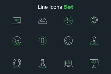Çevrimiçi sınıf, Laptop, Test tüpü, Alarm saati, Mezuniyet ve Mezuniyet kapağı, Gear, Sınav kağıdı ve CD disk simgesini yanlış cevaplarla ayarla. Vektör