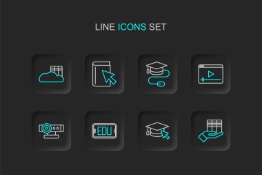 Satır Kitap bağışı, imleç içeren mezuniyet başlığı, Online eğitim, Web kamerası, video oyunu, fare, kitap ve Cloud online kütüphane simgesi. Vektör