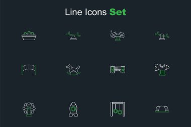 Çizgi maymunu barı, jimnastik yüzükleri, roket gemi oyuncakları, çocuklar için salıncak, uçak, oyun alanı köprüsü, at eyeri sallaması ve ikon. Vektör