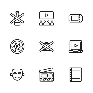 Clapper, Online playplay video, Play, Prohibition kayıt yok, sinema bileti, alkol yok, ekranlı oditoryum ve kamera deklanşör simgesi. Vektör