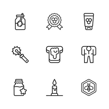 Yakıcı mum, arıcı kostümü, bal peteği, ekmek, kozmetik tüp, dipper çubuğu kavanozu, bal ödülü ve ikon için kesme çubuğu. Vektör