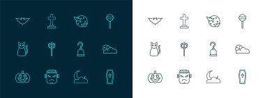 Lollipop hattı, Frankenstein yüzü, Korsan kancası, Ay ve yıldızlar, Üç başlı şeytan, çapraz ikonlu Uçan yarasa ve Tombstone. Vektör