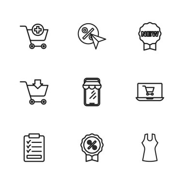 İndirim yüzde etiketi, ekran laptopunda alışveriş arabası, kadın elbisesi, online alışveriş telefonu, Yeni, Ekle ve simgeyle fiyat belirle. Vektör