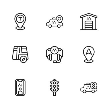 Hat ışığı, konum taksi arabası, taksimetre cihazı, telefon servisi, garaj ve simge ayarla. Vektör